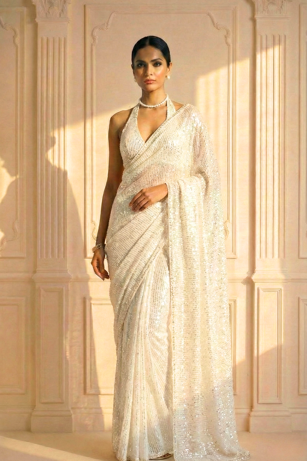 Dhiyona ST Cloud Dancer Knitted Sequin Saree with Self Blouse Fabric