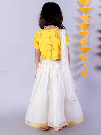Marigold Magic Girls White Lehanga and Yellow Choli with Dupatta Ethnic Set