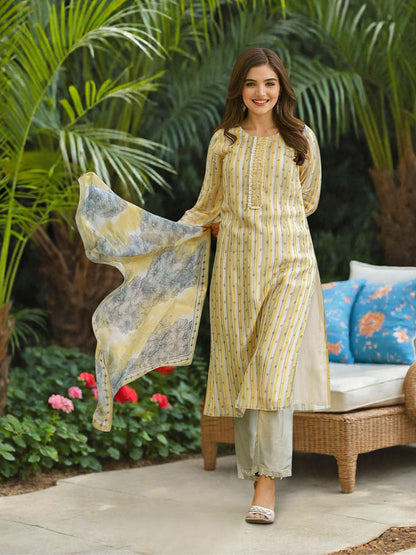 Dhiyona IS Women's Women Striped Thread Work Silk Chiffon Kurta with Trousers & Dupatta