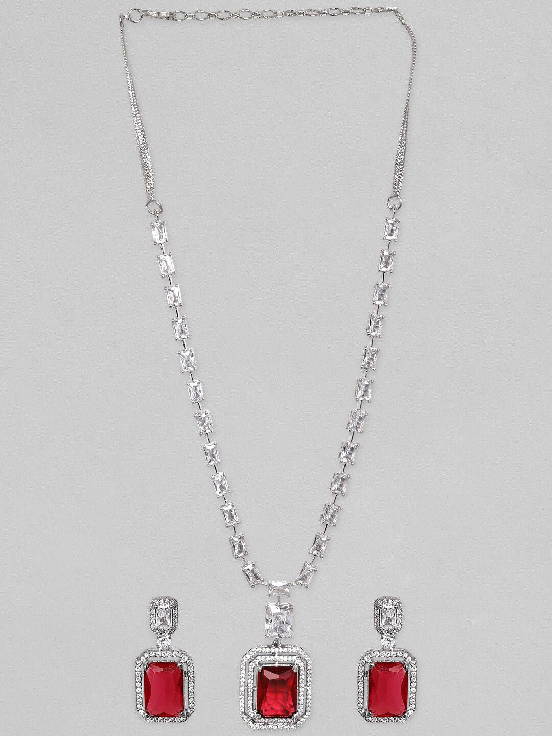 Dhiyona RJ Women's Rhodium-Plated Ruby Red & White Cubic Zirconia Studded Necklace Set