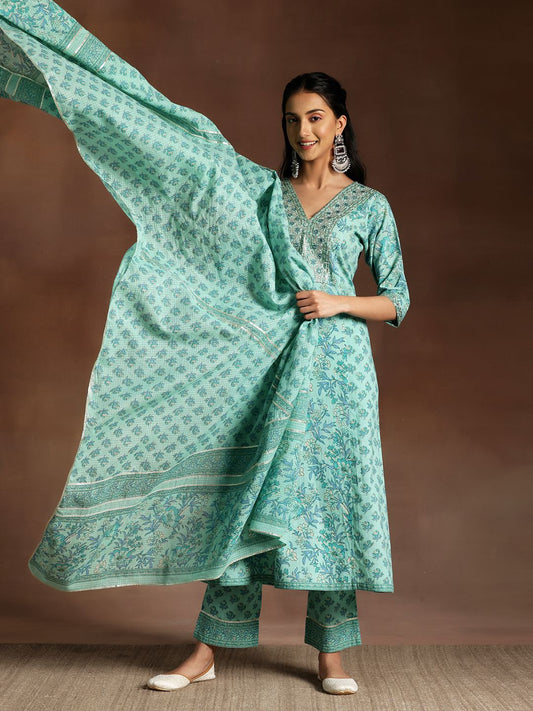 Women Floral Printed Panelled Sequinned Pure Cotton Kurta with Palazzos & With Dupatta