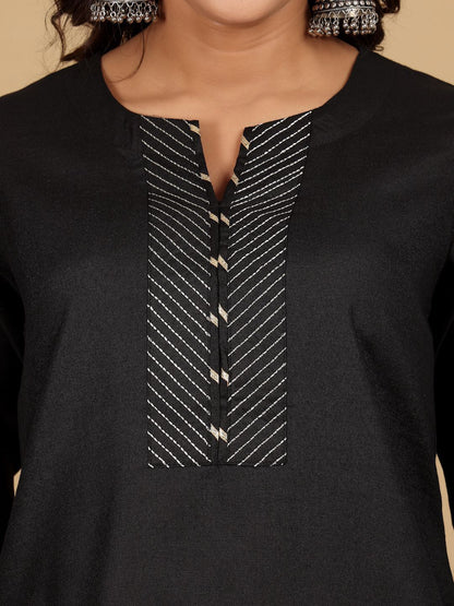 Black Thread Work Notch Neck Straight Kurta With Trousers And Dupatta