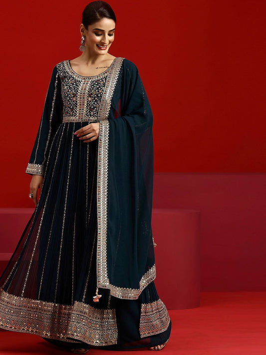 Dhiyona LL Ethnic Motifs Embroidered Round Neck Empire Kurta with Palazzos & Dupatta