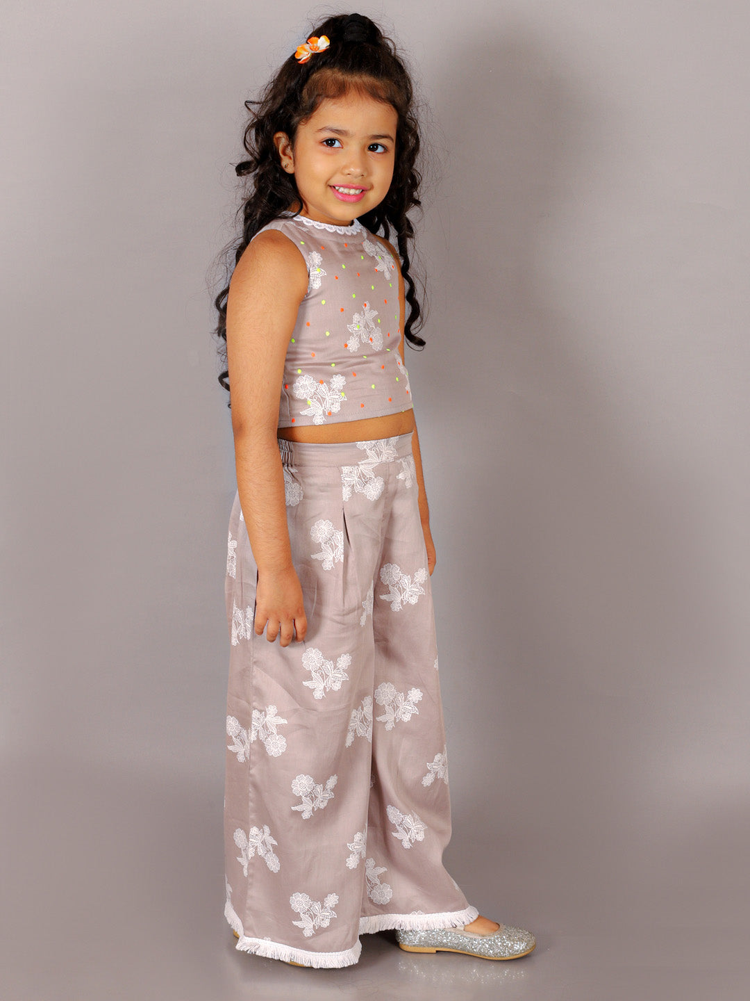 Fusion Fair Girls Grey Crop Top with Pants Girls Co-ordinate set