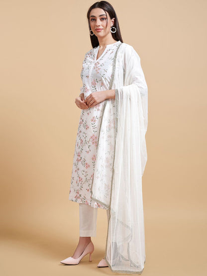 Dhiyona IS Women's Floral Embroidered A-Line Chanderi Silk Kurta with Trousers & Dupatta