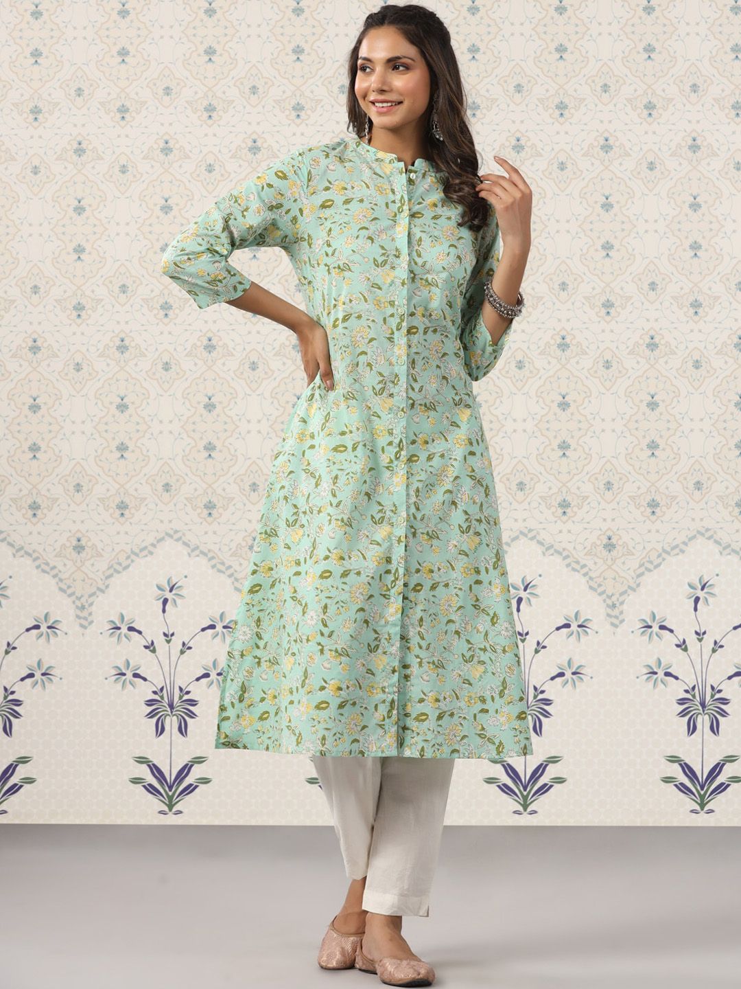 Dhiyona OD  Floral Printed Band Collar Pure Cotton Kurta