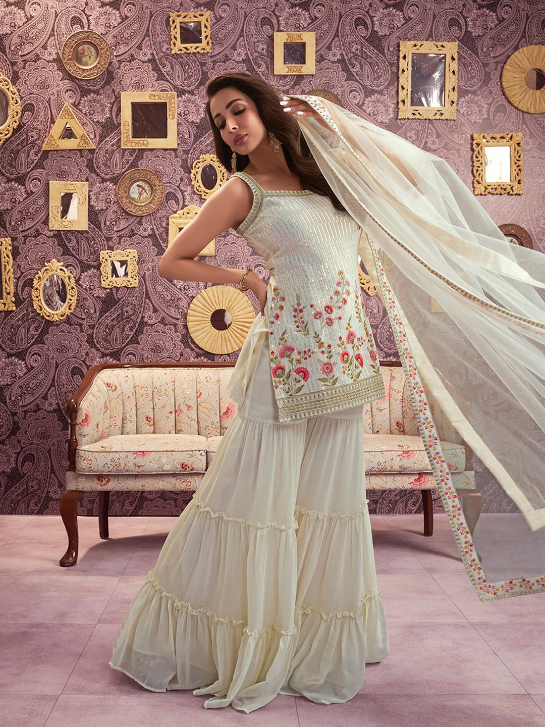 Dhiyona IN Floral Embroidered Georgette Sequinned Straight Kurti & Sharara with Dupatta
