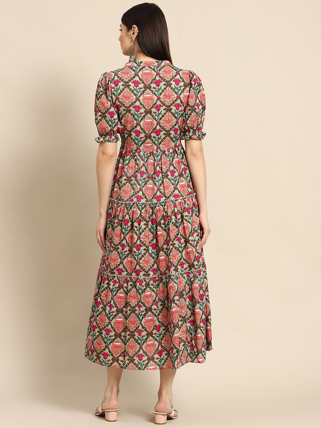Dhiyona AY Women's Green & Pink Ethnic Motifs Printed Tiered Pure Cotton A-Line Midi Dress