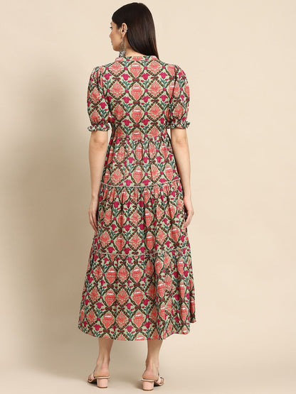 Dhiyona AY Women's Green & Pink Ethnic Motifs Printed Tiered Pure Cotton A-Line Midi Dress