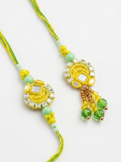 Dhiyona Set Of 2 Artificial Beads Mirror Work Bhaiya Bhabhi Rakhi With Roli Chawal Chandan