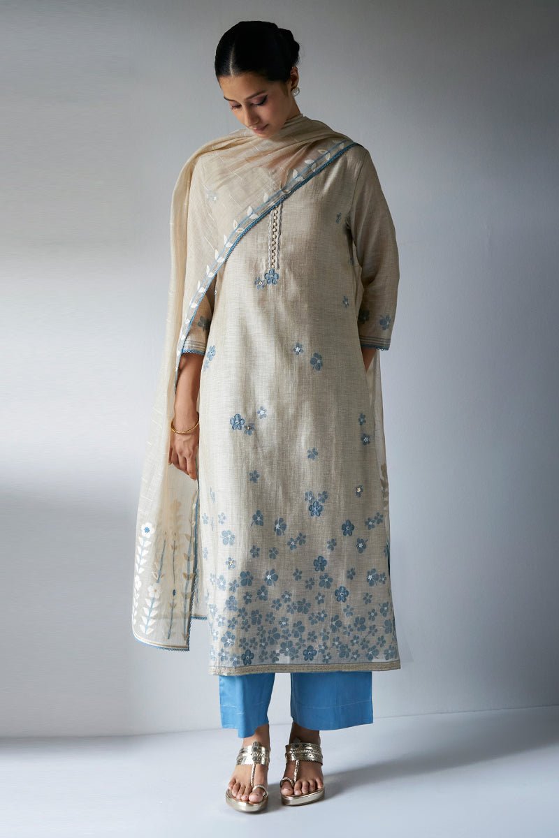 Women's Beige Woven Kurta Suit Set With Delicate Hand Work Detailing