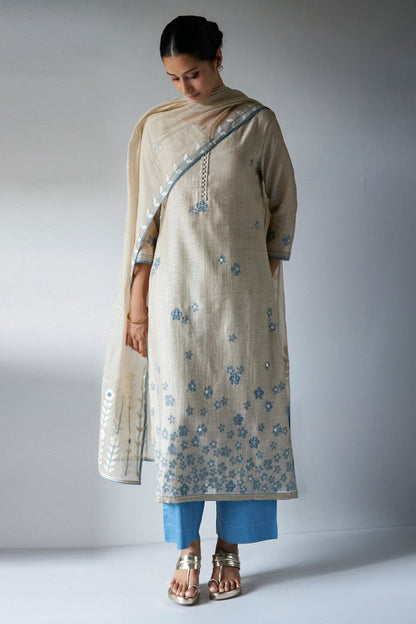 Women's Beige Woven Kurta Suit Set With Delicate Hand Work Detailing