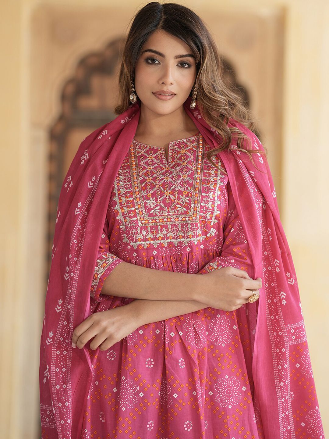 Dhiyona KL Ethnic Motifs Embroidered Thread Work Empire Pure Cotton Kurta Trousers & Dupatta