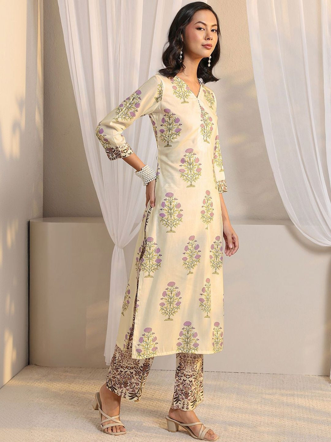 Off White Floral Printed Chanderi Silk Straight Suit Set with Dupatta