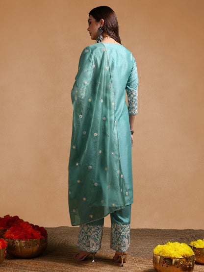 Dhiyona KL Floral Embroidered Pleated Thread Work Kurta with Palazzos & Dupatta