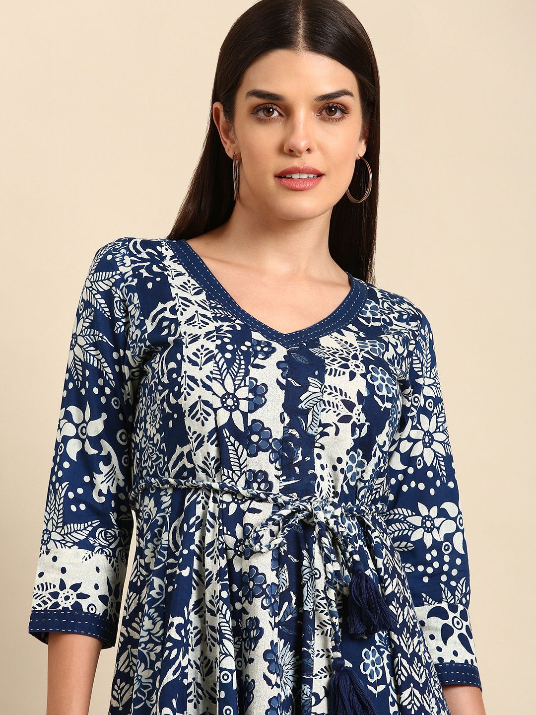 Dhiyona AY Women's Blue Floral Ethnic A-Line Cotton Maxi Ethnic Dress