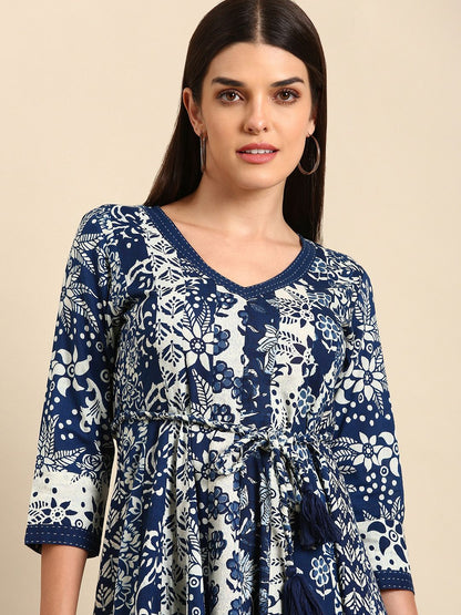 Dhiyona AY Women's Blue Floral Ethnic A-Line Cotton Maxi Ethnic Dress