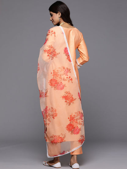 Dhiyona IE Women Floral Yoke Design Regular Thread Work Liva Kurta with Trousers & Dupatta