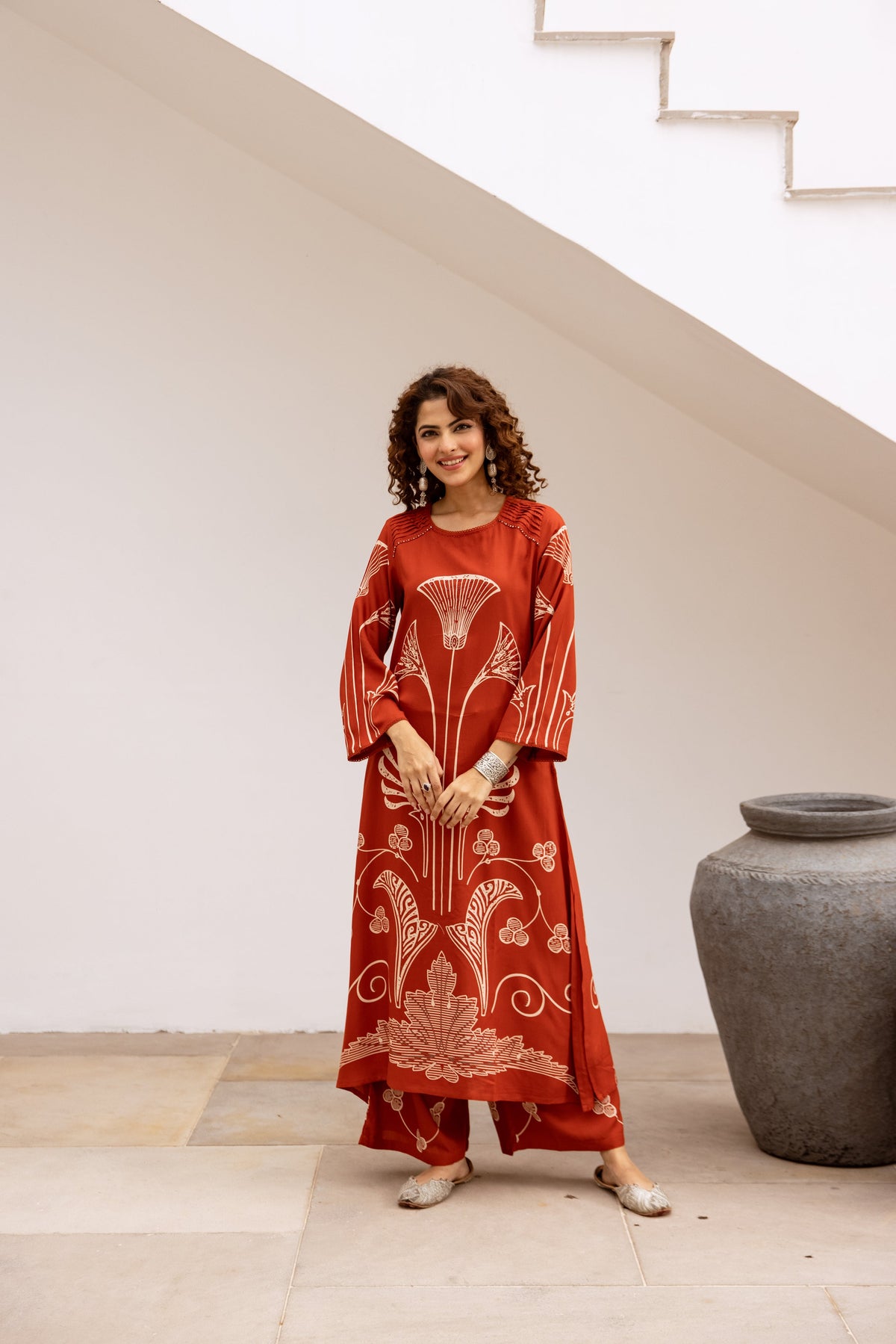 Bakul vermillion printed cotton kurta pant set