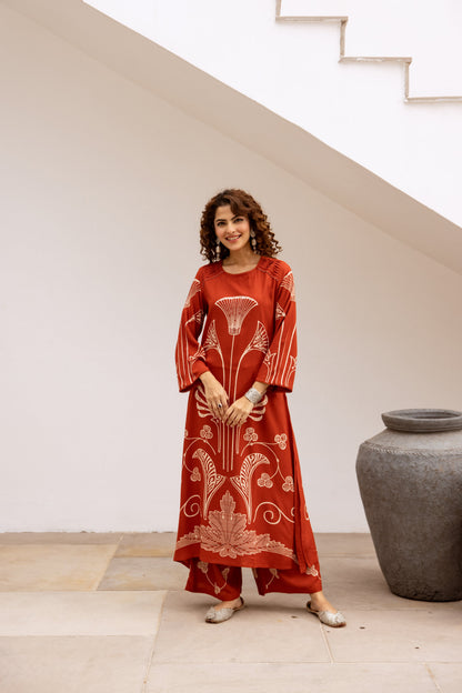 Bakul vermillion printed cotton kurta pant set