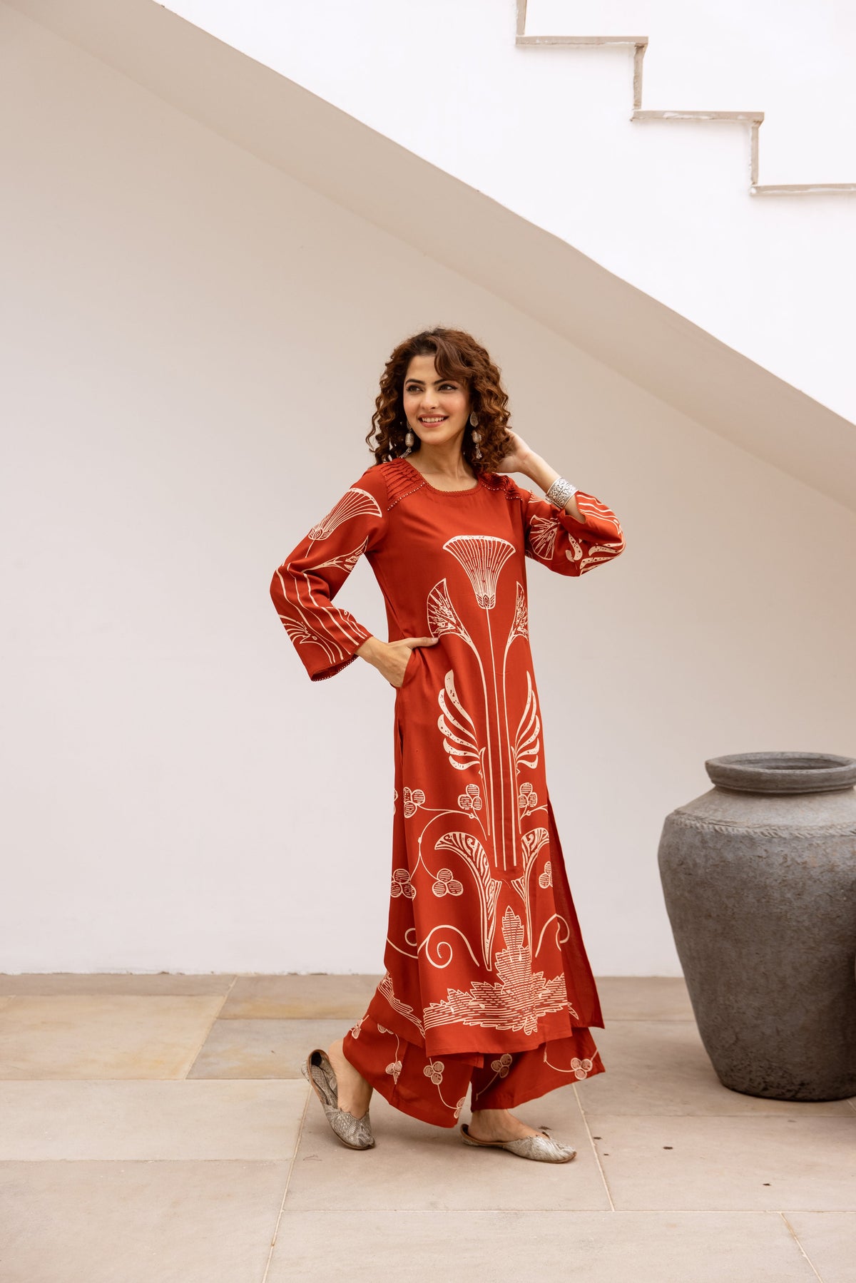 Bakul vermillion printed cotton kurta pant set