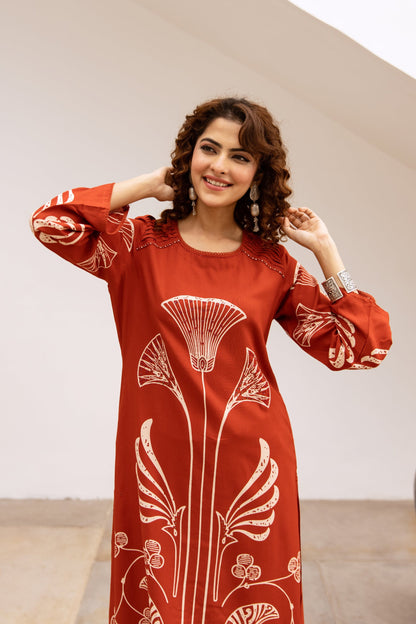 Bakul vermillion printed cotton kurta pant set