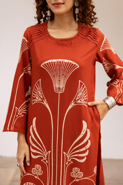 Bakul vermillion printed cotton kurta pant set