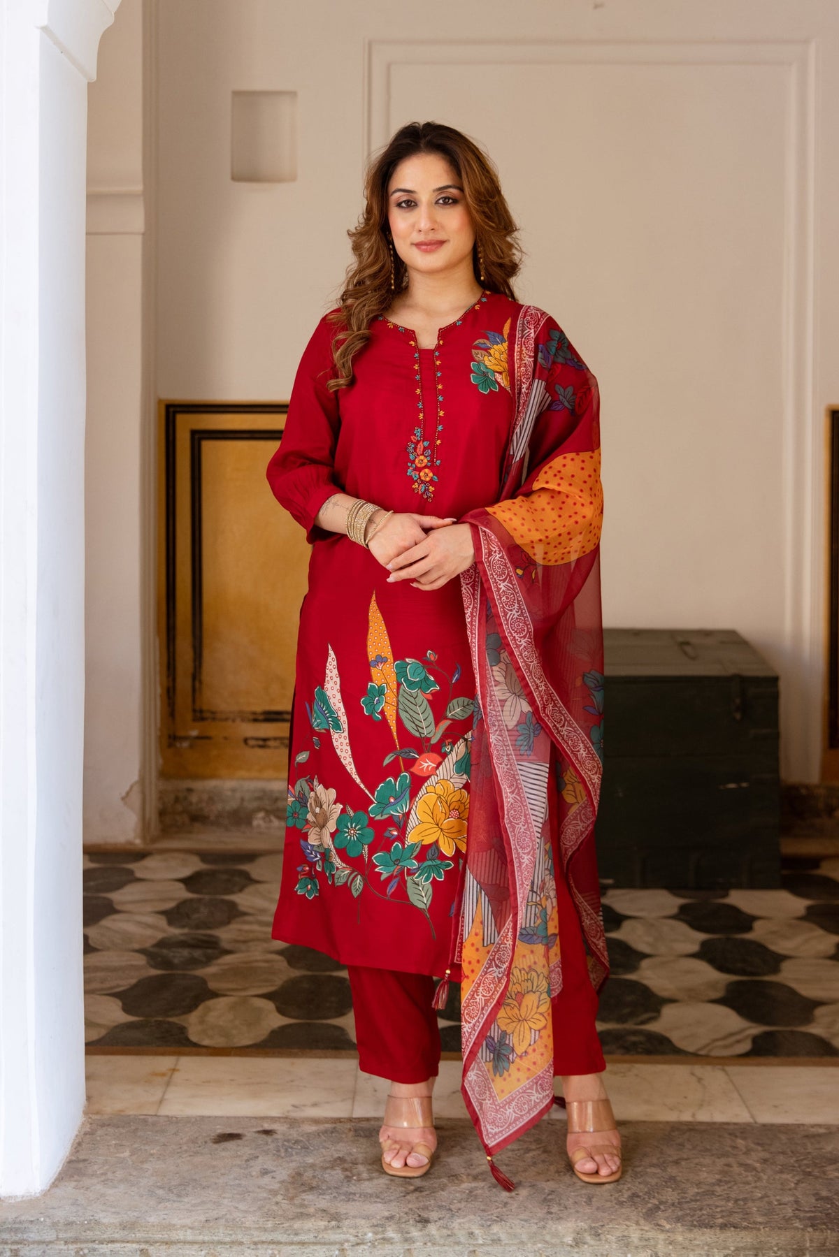 Saisha Vermillion Premium Digital Print Muslin Suit Set