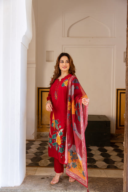 Saisha Vermillion Premium Digital Print Muslin Suit Set