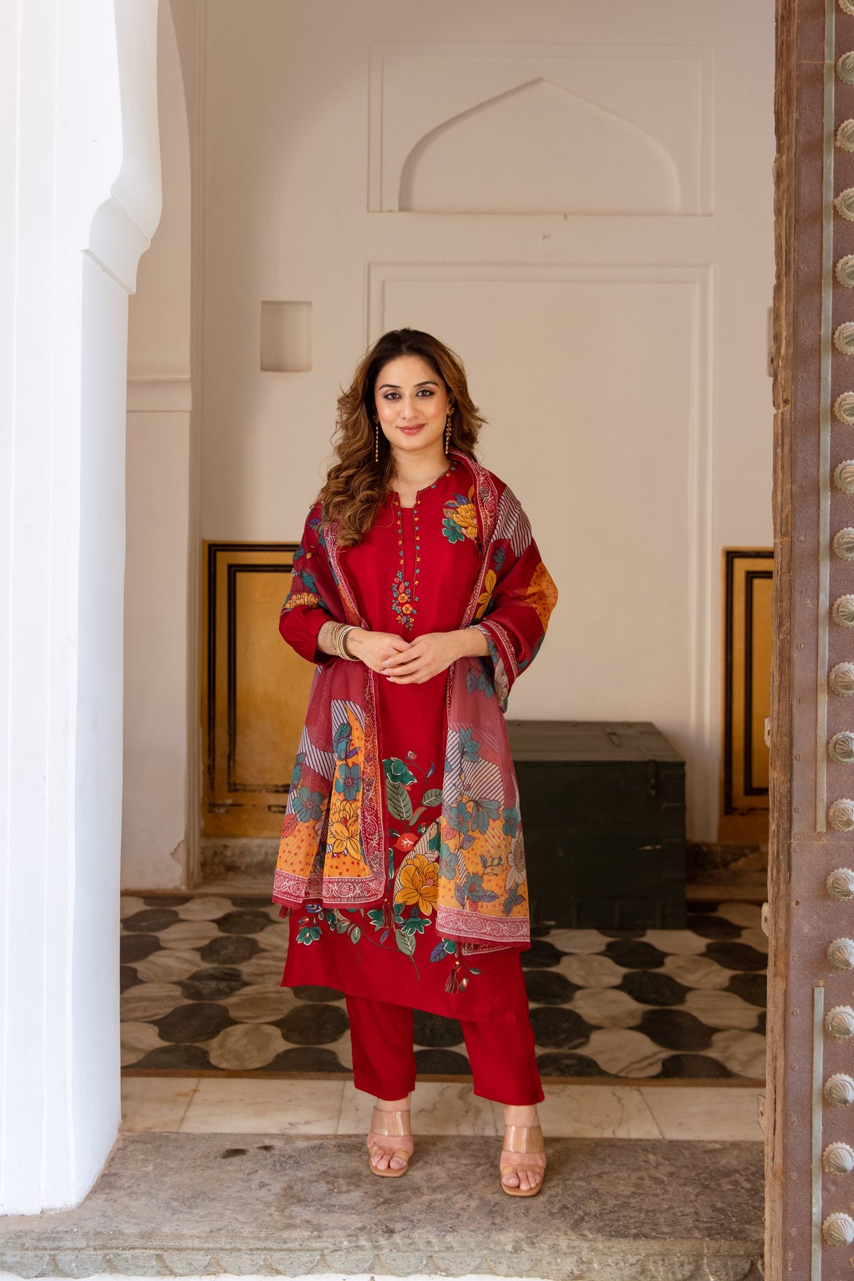 Saisha Vermillion Premium Digital Print Muslin Suit Set