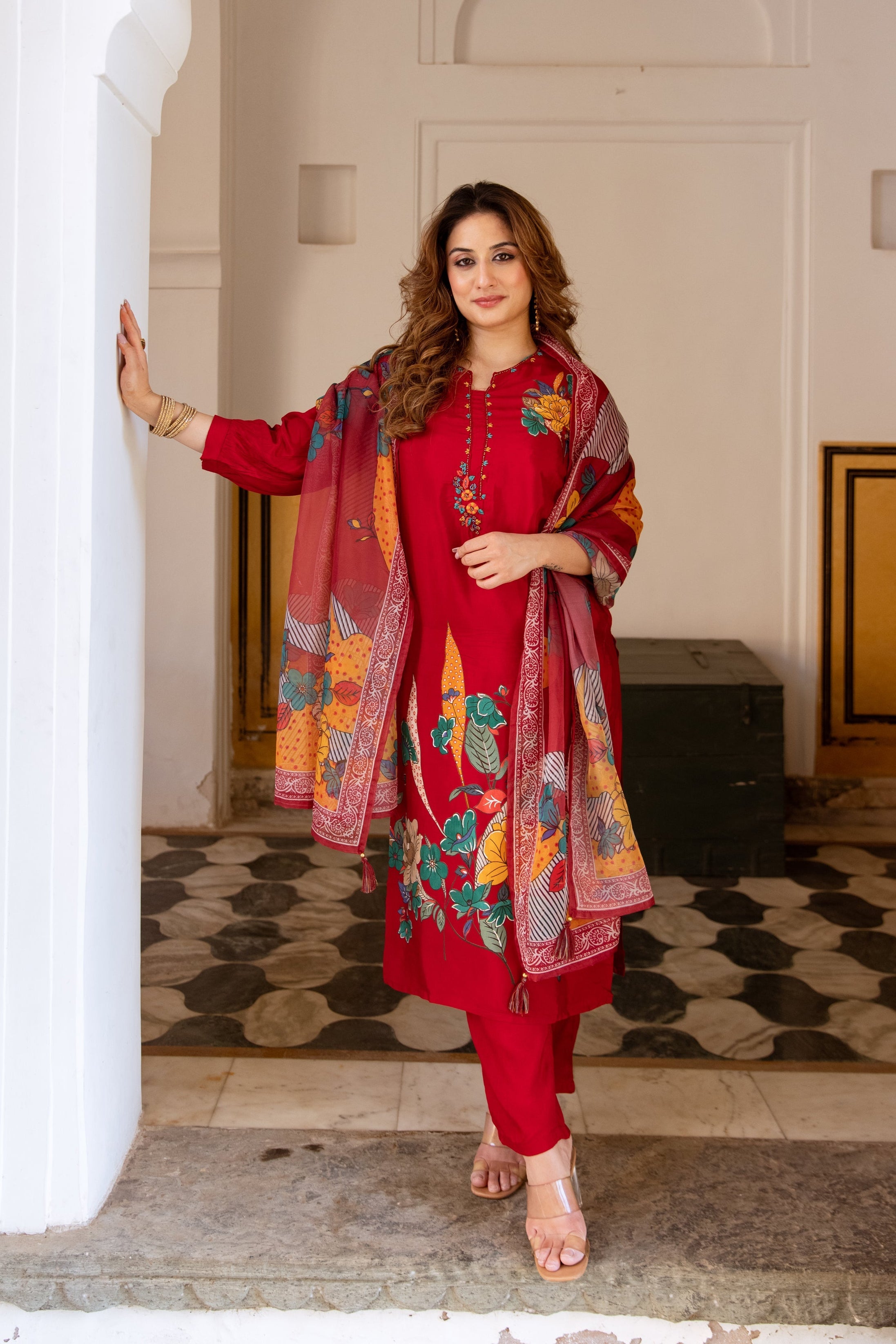 Saisha Vermillion Premium Digital Print Muslin Suit Set