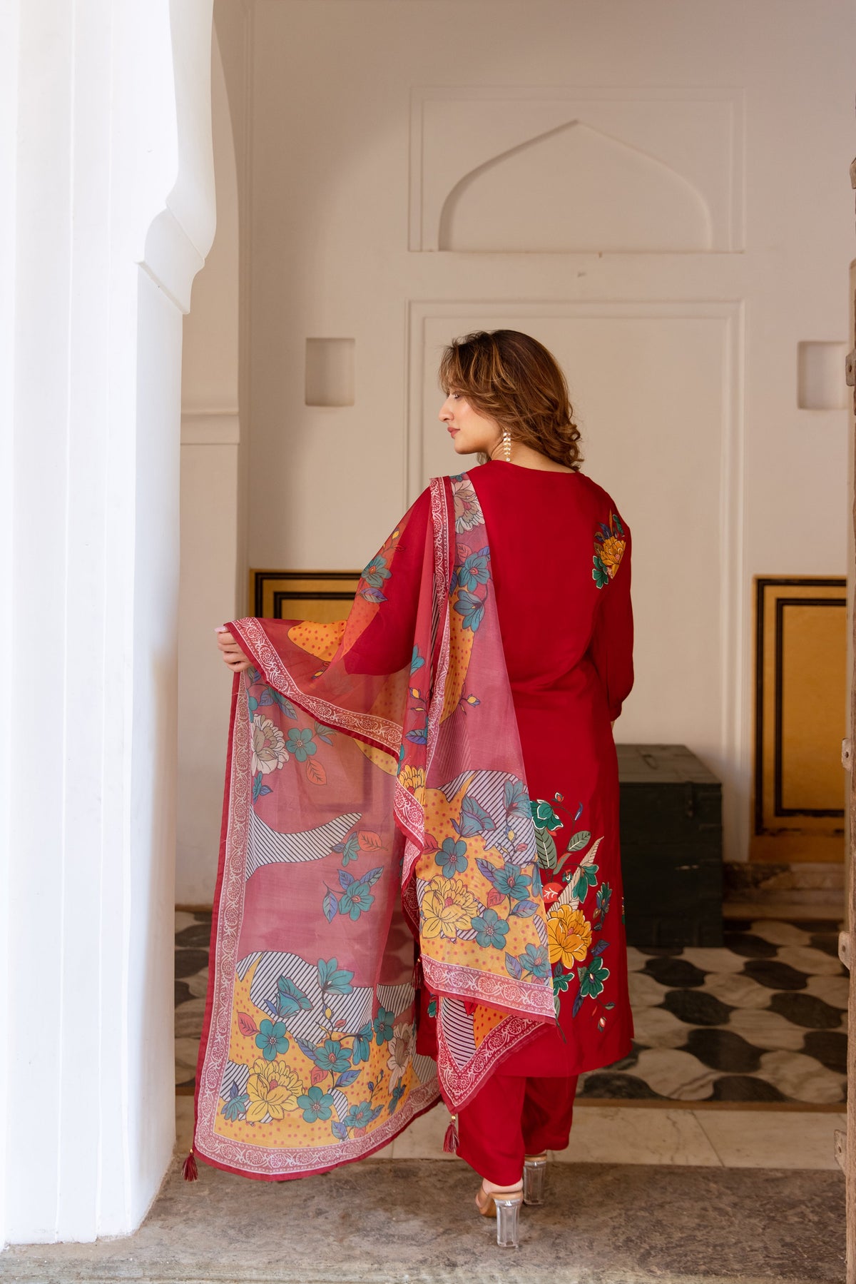Saisha Vermillion Premium Digital Print Muslin Suit Set