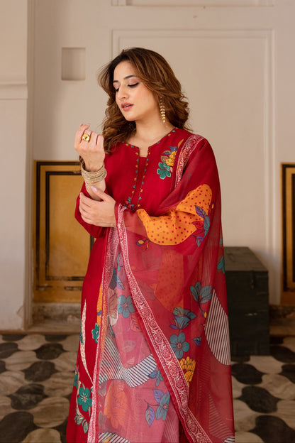 Saisha Vermillion Premium Digital Print Muslin Suit Set
