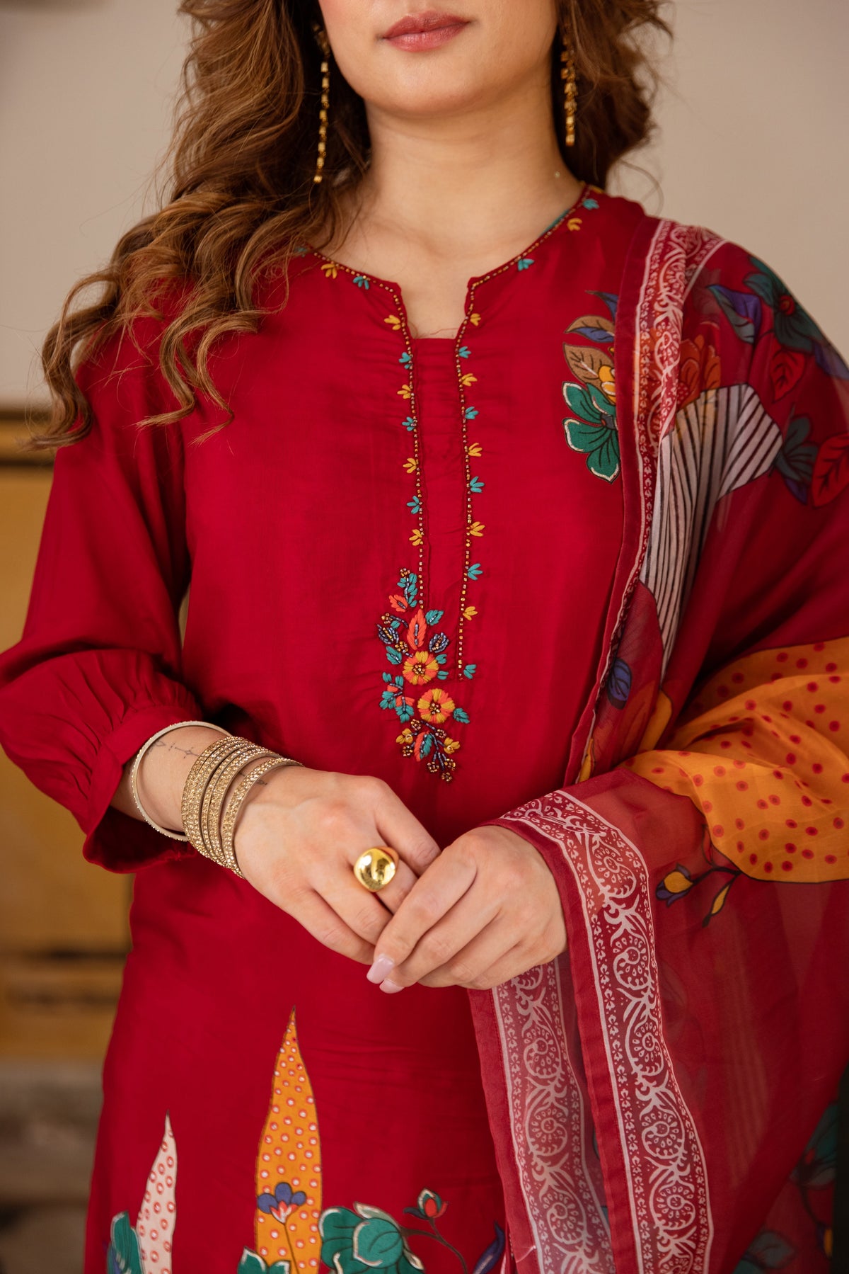Saisha Vermillion Premium Digital Print Muslin Suit Set