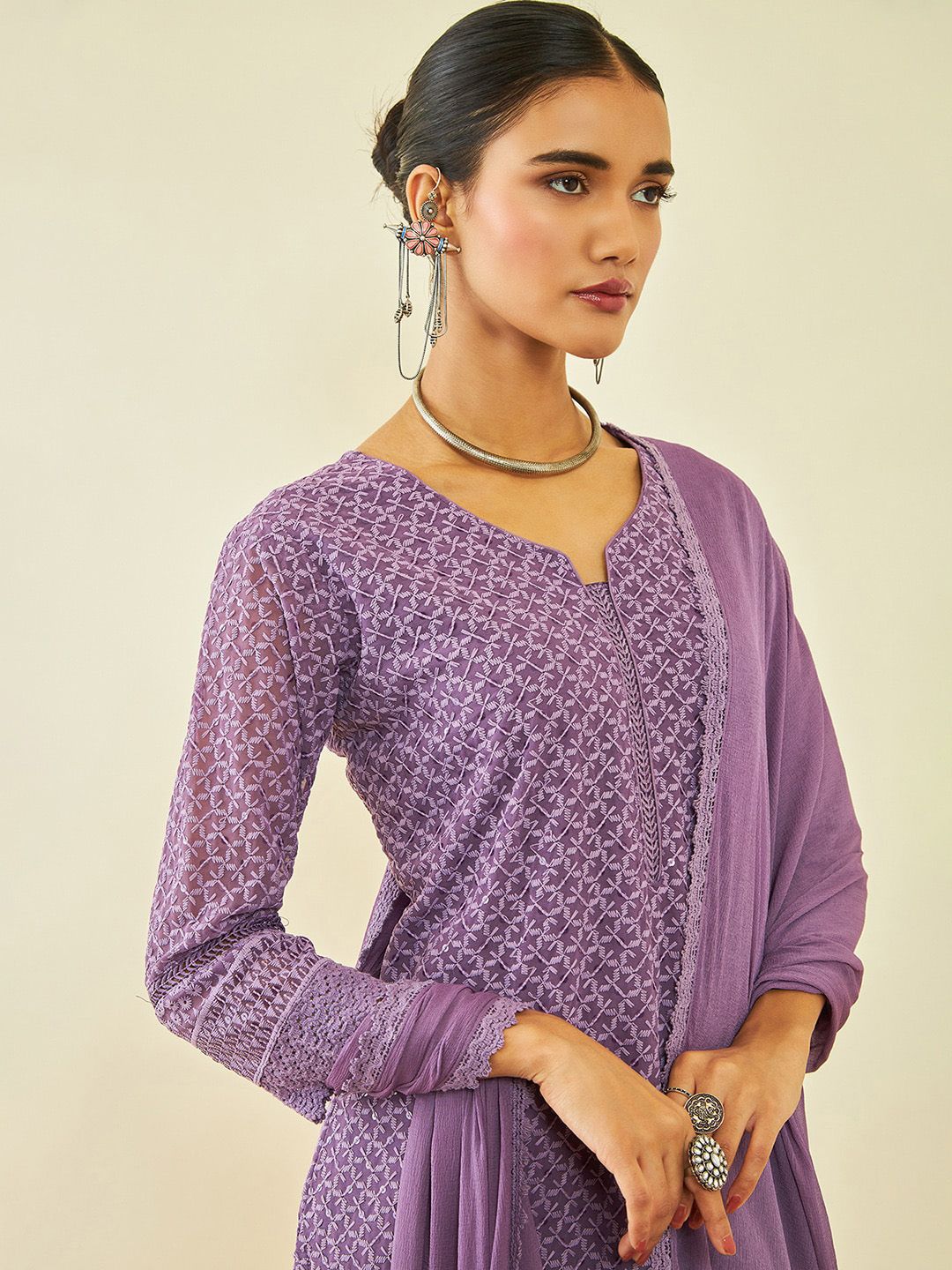 Dhiyona SO Women's Ethnic Motifs Embroidered Straight Kurta & Trousers With Dupatta