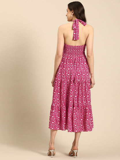 Dhiyona AY Women's Floral Print Halter Neck Fit & Flare Pure Cotton Midi Dress