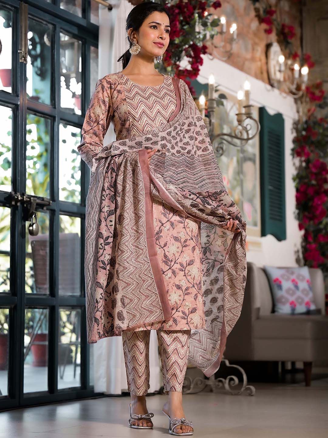 Dhiyona KL Floral Printed Regular Thread Work Pure Cotton Kurta with Trouser & Dupatta
