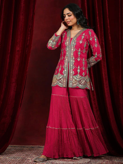 Dhiyona LL Floral Embroidered Notch Neck Zari Straight Kurti With Sharara And Dupatta