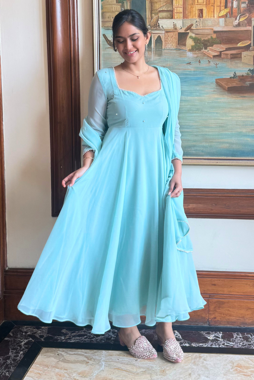 Dhiyona ST 3 pc Suit Set -Light Blue Georgette 3/4th Sleeve Anarkali with Pearls with Dupatta and Pants