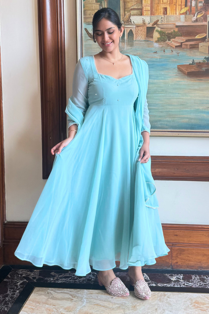 Dhiyona ST 3 pc Suit Set -Light Blue Georgette 3/4th Sleeve Anarkali with Pearls with Dupatta and Pants