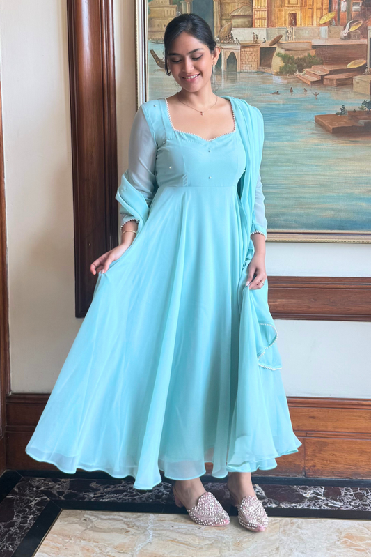 Dhiyona ST 3 pc Suit Set -Light Blue Georgette 3/4th Sleeve Anarkali with Pearls with Dupatta and Pants