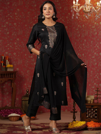 Dhiyona IS Women's Black Ethnic Motifs Printed Straight Kurta & Trouser With Dupatta