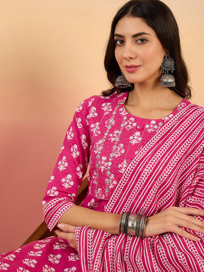 Floral Printed Mirror Work Pure Cotton Kurta with Trousers & Dupatta