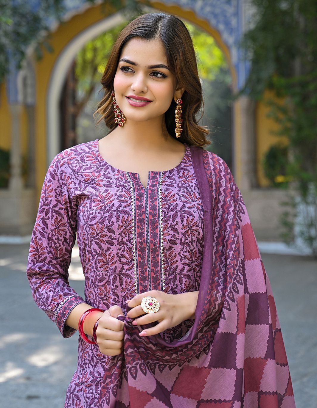 Dhiyona KL Floral Printed Notch Neck Gotta Patti Straight Kurta With Trousers & Dupatta