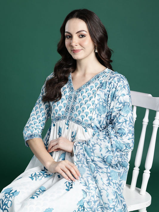 Dhiyona IE Floral Printed Empire Pure Cotton Kurta with Trousers & Dupatta