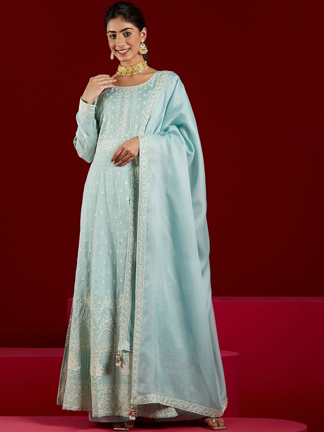 Dhiyona LL Floral Embroidered Panelled Sequinned Pure Silk Kurta with Palazzos & Dupatta