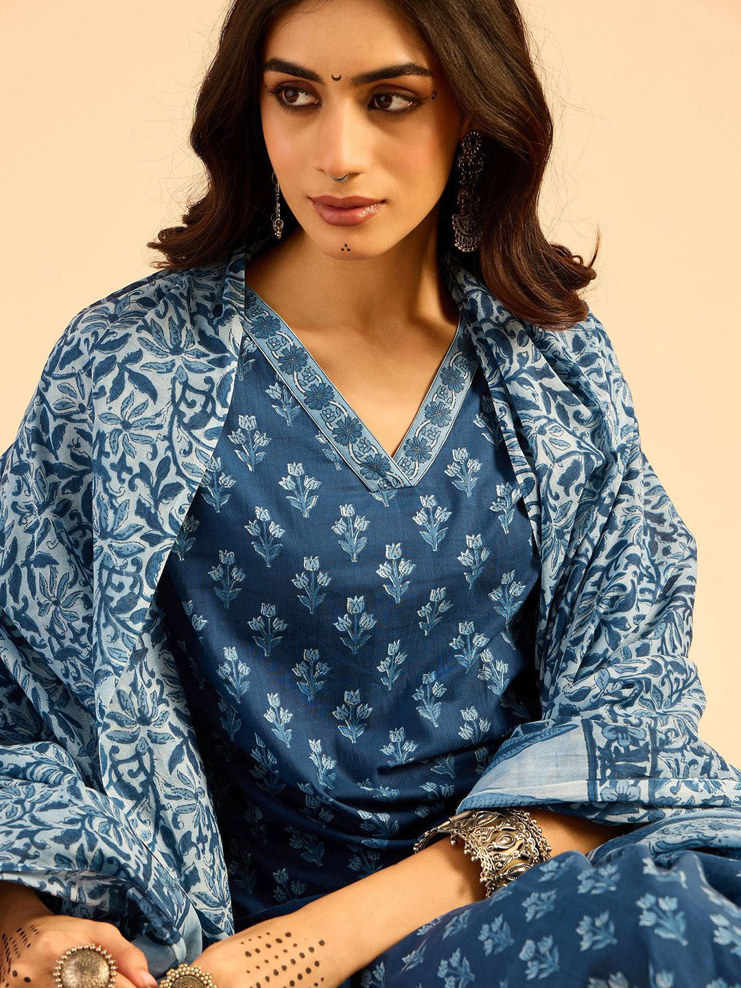 Blue Floral Printed V-Neck Pure Cotton Straight Kurta with Palazzo & Dupatta