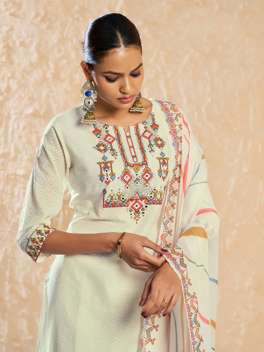 Dhiyona CH Women Floral Embroidered Mirror Work Pure Cotton Kurta with Trousers & Dupatta