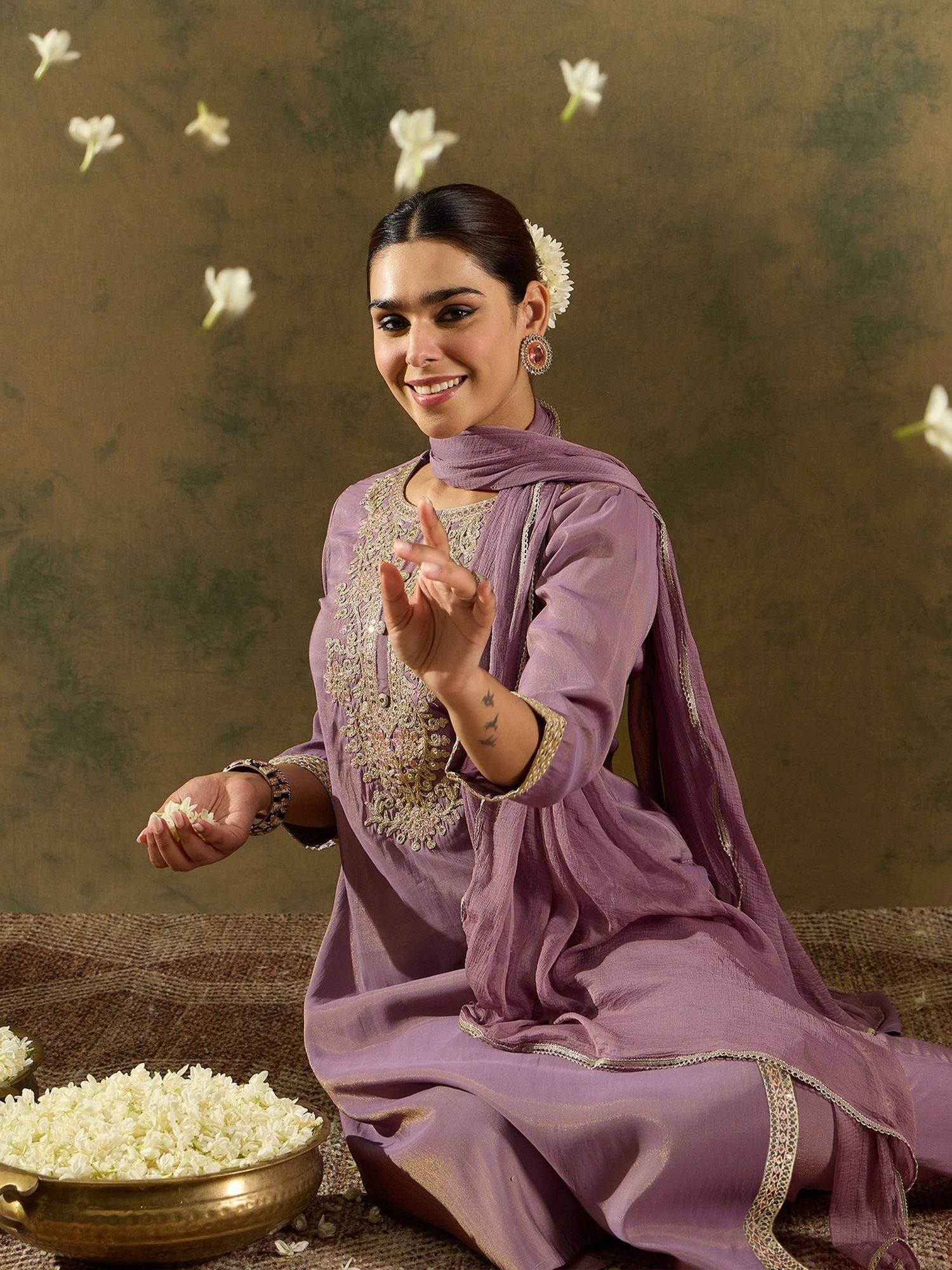 Dhiyona IE Floral Embroidered Embellished Straight Kurta with Trouser And Dupatta