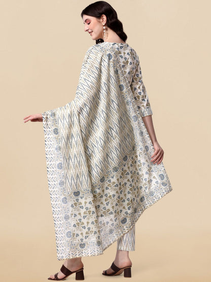 Dhiyona KL Ethnic Motifs Printed Gotta Patti Cotton Straight Kurta & Trousers With Dupatta